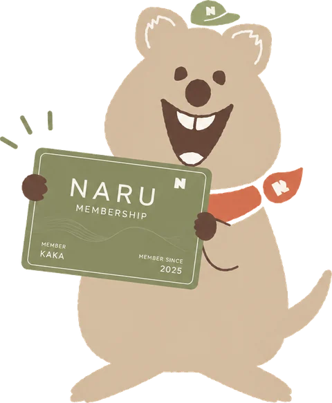 Kaka the quokka holding a Naru membership card